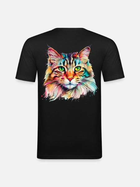Bunte psychedelische Maine Coon Katze - Männer Slim Fit T-Shirt - Schwarz
