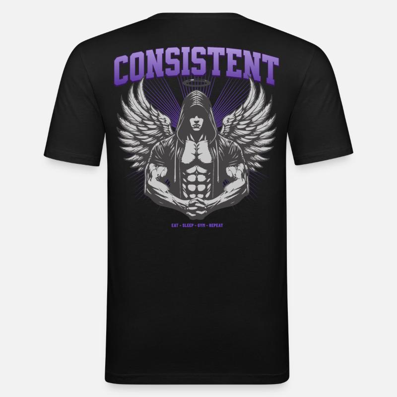 Consistent Gym Engel Design - Eat Sleep Gym Repeat - Männer Slim Fit T-Shirt - Schwarz