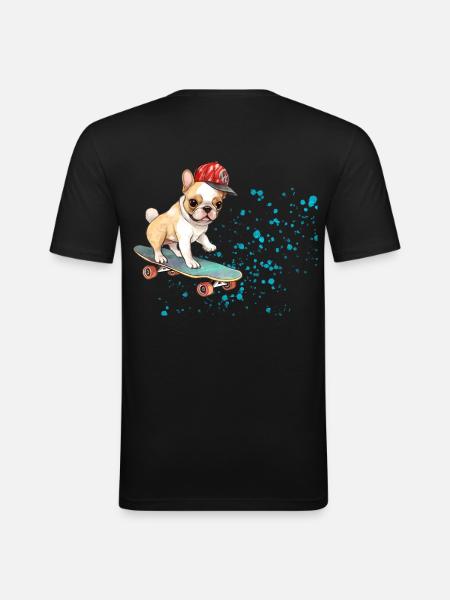 Skateboard Bulldog mit Cap - Männer Slim Fit T-Shirt - Schwarz