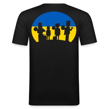 Les réfugiés ukrainiens aident les réfugiés - T-shirt près du corps Homme - noir - Dos - Nik (191cm)