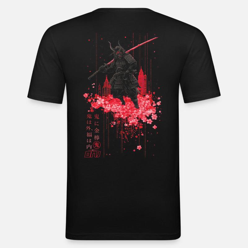 Oni - samurai mit Sakura Kirschblüten - Männer Slim Fit T-Shirt - Schwarz