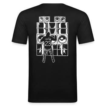 TEKNO 23 SOUNDSYSTEM - 2022 - Männer Slim Fit T-Shirt - Schwarz - Hinten - Nik (191cm)