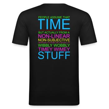 Timey Wimey Wibbly Wobbly - Männer Slim Fit T-Shirt - Schwarz - Hinten - Nik (191cm)