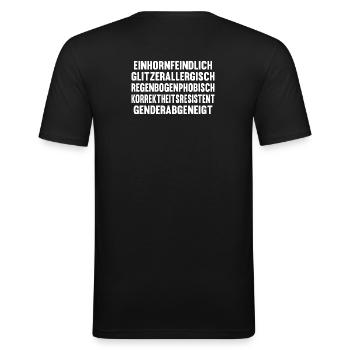 Einhornfeindlich - Männer Slim Fit T-Shirt - Schwarz - Hinten - Nik (191cm)