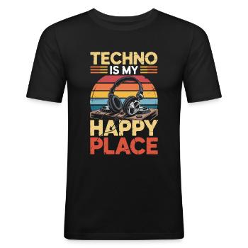 Techno My Happy Place Music Lover DJ Headphones - Men's Slim Fit T-Shirt - black - Front - Nik (191cm)