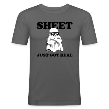 Das Blatt ist gerade richtig lustig geworden. Hall - Männer Slim Fit T-Shirt - Graphite - Vorne - Nik (191cm)