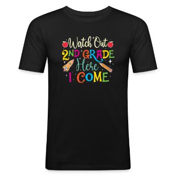Attention 2e année Me voici - Enseignant Élève - T-shirt près du corps Homme - noir - Devant - Nik (191cm)