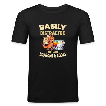 Easily Distracted By Dragons and Books Geschenk - Männer Slim Fit T-Shirt - Schwarz - Vorne - Nik (191cm)