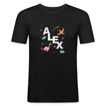 ALEX - Beautiful boy name with cute dinosaurs - Men's Slim Fit T-Shirt - black - Front - Nik (191cm)