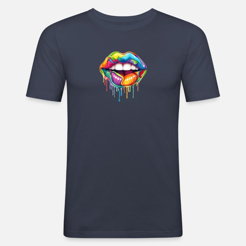 Regenbogen Lippen - Männer Slim Fit T-Shirt - Navy