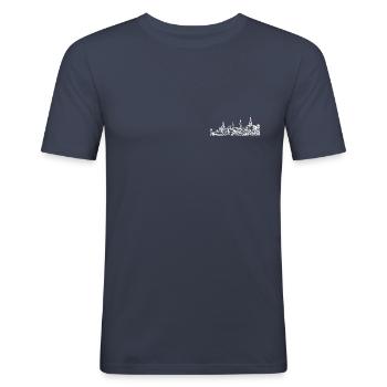 Radevormwald - Brustlogo - Stadtsilhouette - Männer Slim Fit T-Shirt - Navy - Vorne - Nik (191cm)