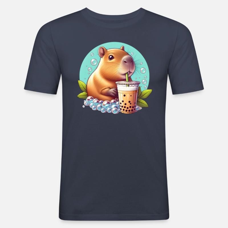 Capybara Enjoys Bubble Tea - Men's Slim Fit T-Shirt - navy