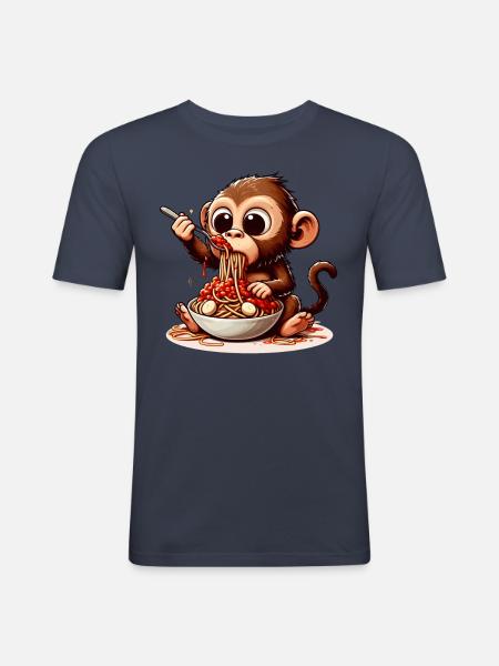 Monkey enjoying spaghetti bolognese - Men's Slim Fit T-Shirt - navy