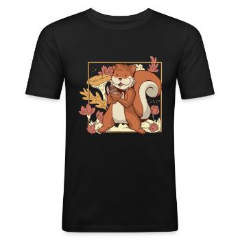 Écureuil Fond forestier Mangeur de noix - T-shirt près du corps Homme - noir - Devant - Nik (191cm)