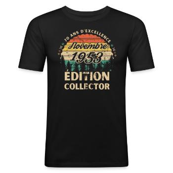 Anniversaire 70ans Novembre 1953 édition collector - T-shirt près du corps Homme - noir - Devant - Nik (191cm)