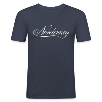 Norderney Schriftzug weiss - Männer Slim Fit T-Shirt - Navy - Vorne - Nik (191cm)