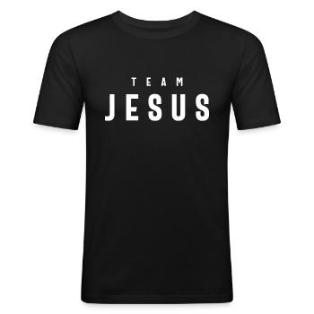 Cadeaux chrétiens pour les groupes de jeunes Équipe Jésus - T-shirt près du corps Homme - noir - Devant - Nik (191cm)