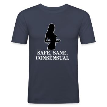 Domina BDSM Safe sane consensual Spruch Sodomaso - Männer Slim Fit T-Shirt - Navy - Vorne - Nik (191cm)