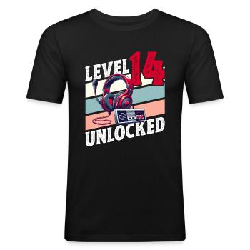 14E ANNIVERSAIRE GARÇON RETRO GAMER NIVEAU DE JEU - T-shirt près du corps Homme - noir - Devant - Nik (191cm)
