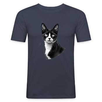 Katze Schwarz Weiß Outfit Tier Motiv Kunst Katzen - Männer Slim Fit T-Shirt - Navy - Vorne - Nik (191cm)