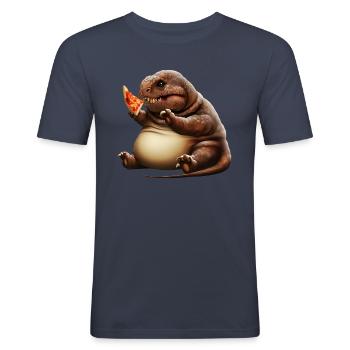 Dinosaure aimant la pizza - T-shirt près du corps Homme - bleu marine - Devant - Nik (191cm)
