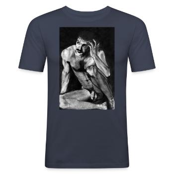 Nackter Mann mit Schnurrbart - Männer Slim Fit T-Shirt - Navy - Vorne - Nik (191cm)