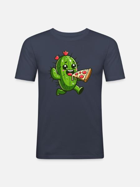 Cute Cactus Pizza Heart Comic - Men's Slim Fit T-Shirt - navy