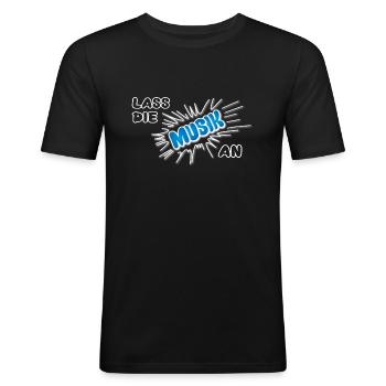Pow Lass die Musik an - blau auf dunkel - Männer Slim Fit T-Shirt - Schwarz - Vorne - Nik (191cm)