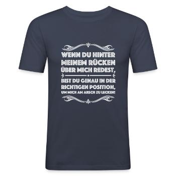Leck mich | lustige Sprüche, Provokation - Männer Slim Fit T-Shirt - Navy - Vorne - Nik (191cm)