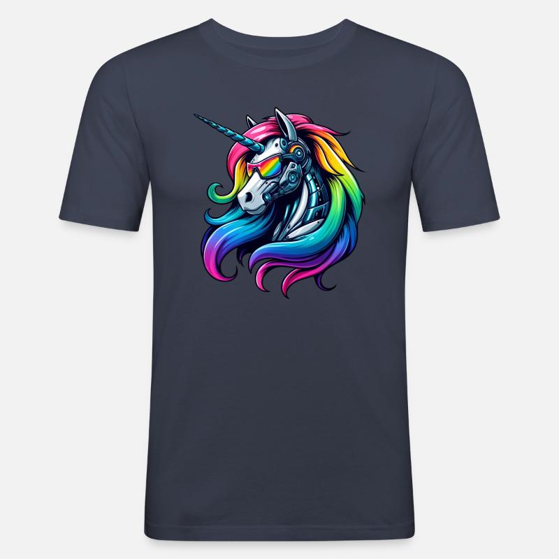 Cooler Cyborg-Einhorn Regenbogen - Männer Slim Fit T-Shirt - Navy