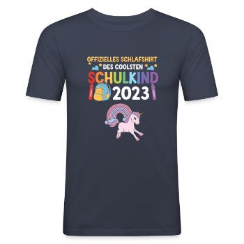 Einhorn Schulanfang Schulkind 2023 - Männer Slim Fit T-Shirt - Navy - Vorne - Nik (191cm)