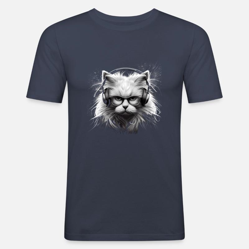 Katzenkopf mit Brille Kopfhörer-coole Katze - Männer Slim Fit T-Shirt - Navy