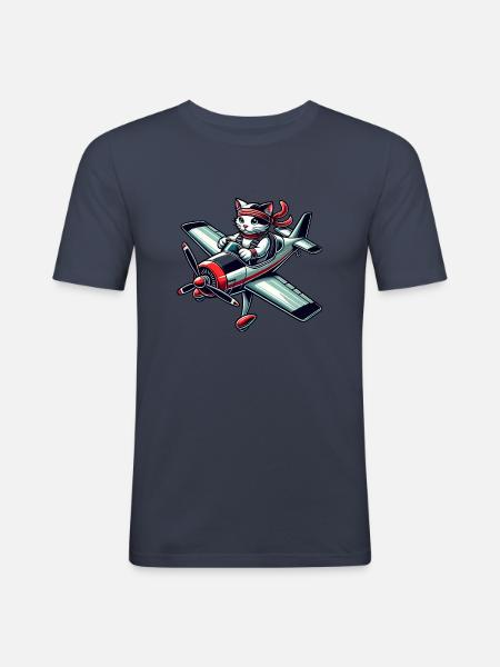 Cat Pilot Propeller Airplane Flying - Men's Slim Fit T-Shirt - navy