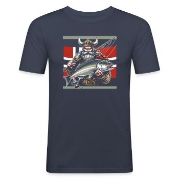 Angelnder norwegischer Wikinger - Männer Slim Fit T-Shirt - Navy - Vorne - Nik (191cm)