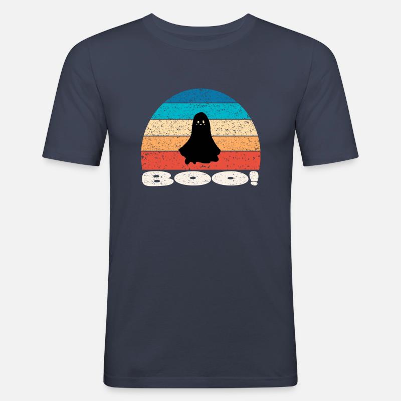 Retro vintage Sunset Halloween Ghost - Obcisła koszulka męska - granatowy