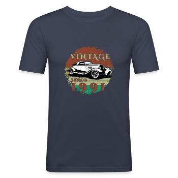 33ème Anniversaire Un Classique - Millésime depuis 1991 - T-shirt près du corps Homme - bleu marine - Devant - Nik (191cm)