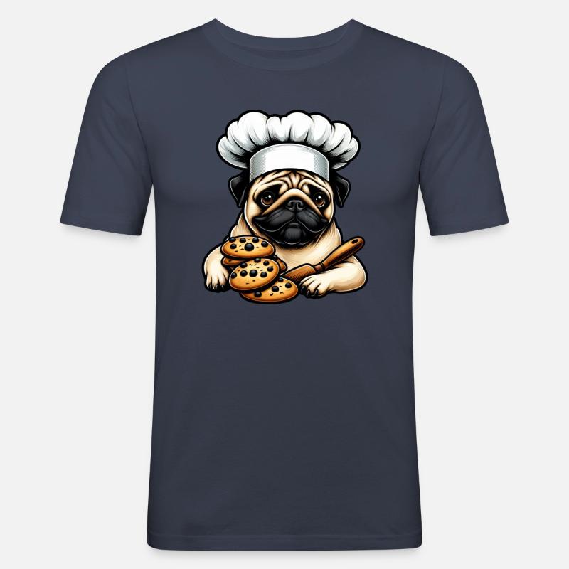 Mops Koch mit Cookie - Männer Slim Fit T-Shirt - Navy