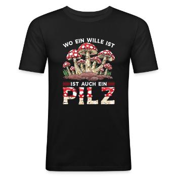Pilzjäger Mykologen Spruch Lustig Pilze - Männer Slim Fit T-Shirt - Schwarz - Vorne - Nik (191cm)
