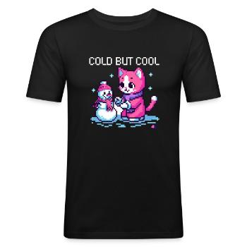 FUNNY CAT WITH SNOWMAN RETRO PIXEL ART - Men's Slim Fit T-Shirt - black - Front - Nik (191cm)