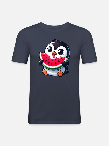 Penguin with Watermelon Cartoon - Men's Slim Fit T-Shirt - navy