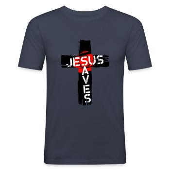 Jesus saves - Men's Slim Fit T-Shirt - navy - Front - Nik (191cm)
