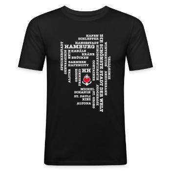 Hamburg Begriffe / Herz auf Anker / Text weiss - Männer Slim Fit T-Shirt - Schwarz - Vorne - Nik (191cm)