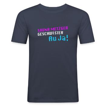 Sauna Metzer Geschwister Au Ja! - Männer Slim Fit T-Shirt - Navy - Vorne - Nik (191cm)