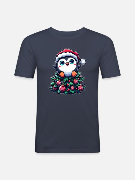 Funny Penguin Christmas Tree Whimsical - Men's Slim Fit T-Shirt - navy