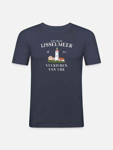 Urk Lighthouse, IJsselmeer Netherlands, Drawing - Men's Slim Fit T-Shirt - navy