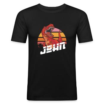 JOHN - Schöner Jungen Name mit T-REX Dino - Männer Slim Fit T-Shirt - Schwarz - Vorne - Nik (191cm)