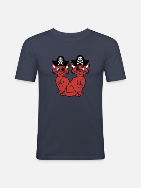 2 Pirate Cats Sabre Buccaneer Eye Patch Team - Herre Slim Fit T-Shirt - marineblå