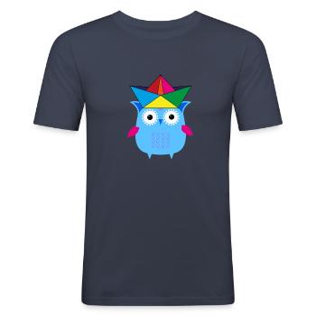 owl,boot,paper hat,colorful,illustration - Men's Slim Fit T-Shirt - navy - Front - Nik (191cm)