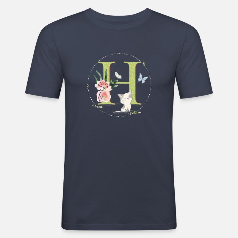Lettre initiale A avec chat - T-shirt près du corps Homme - bleu marine