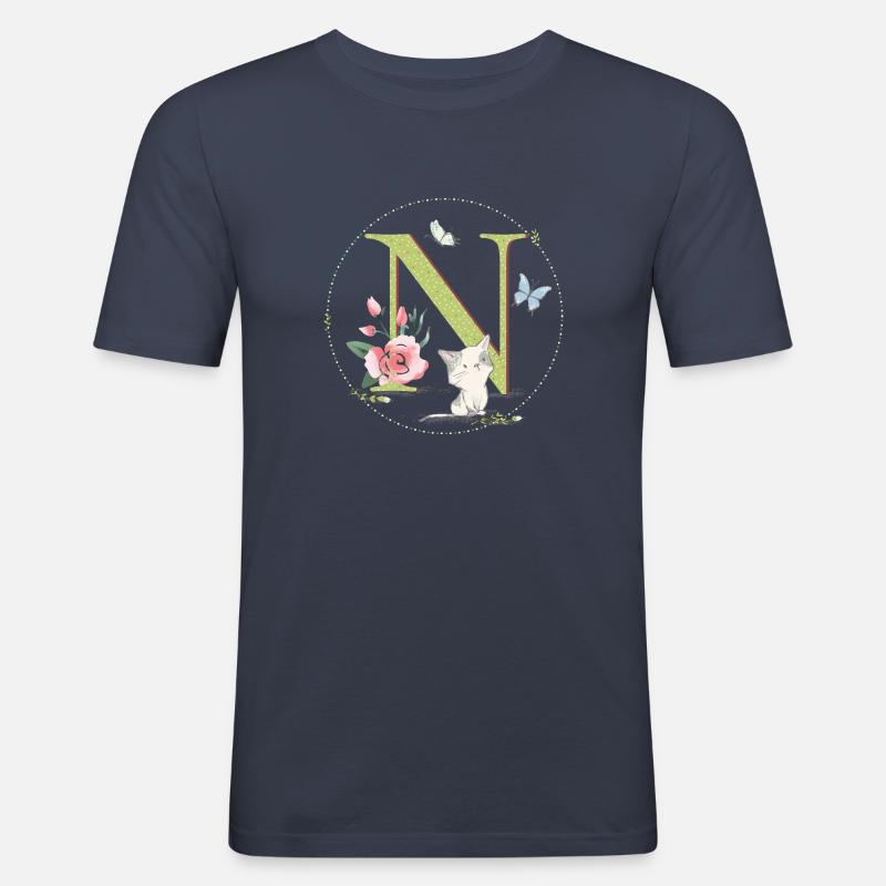 Lettre initiale N avec chat - T-shirt près du corps Homme - bleu marine